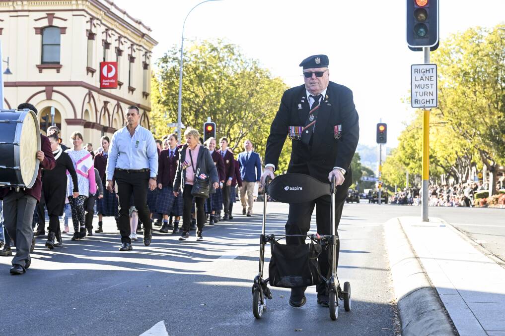Corowa war veteran Daryl Martin marching in Albury's Anzac Day parade for the first time. Picture by Mark Jesser