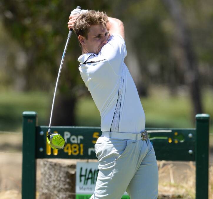 YOUNG GUN: Albury talent Lachlan Stewart launches a drive during the Murray District Golf Association scratch pennant final on Sunday.