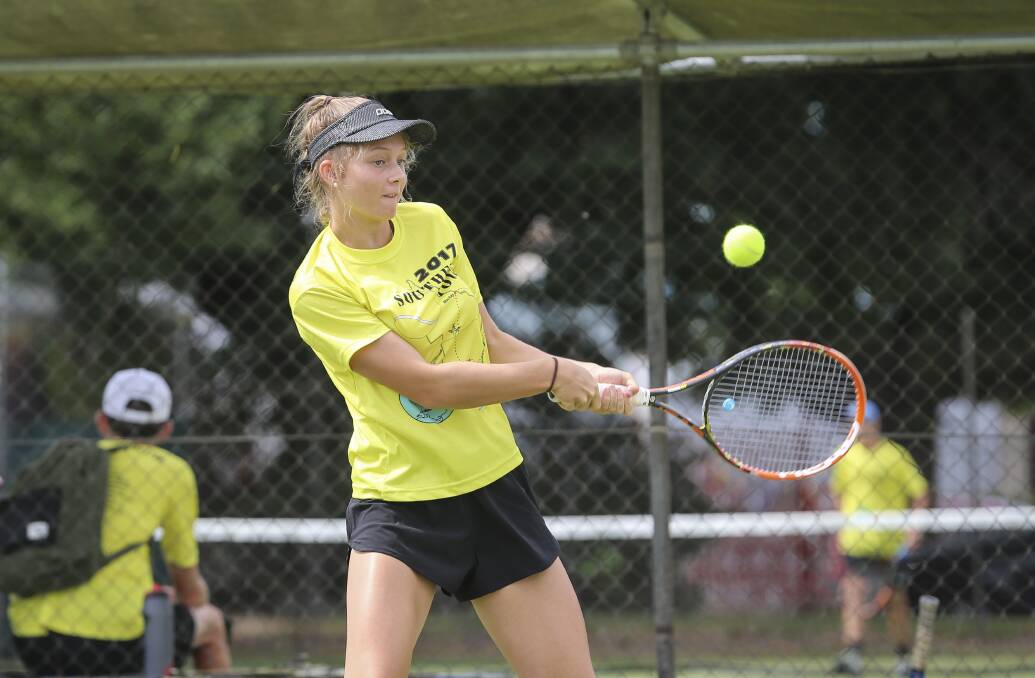 TRUSTY BACKHAND: Hannah Morgan has travelled all the way from Mackay in Queensland to compete at the Margaret Court Cup in Albury. Pictures: JAMES WILTSHIRE