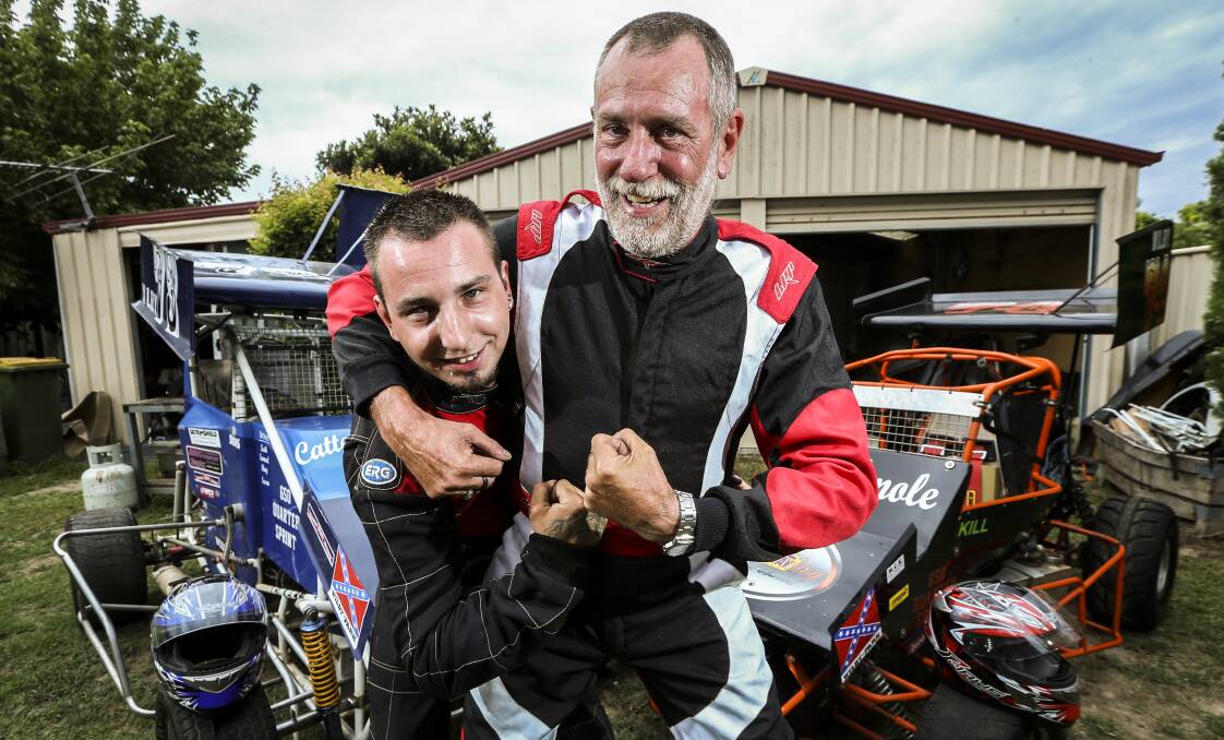 FAMILY AFFAIR: Jindera speedway racers Sam and Keith Cattermole will fight for the ultimate bragging rights on Sunday. Picture: JAMES WILTSHIRE