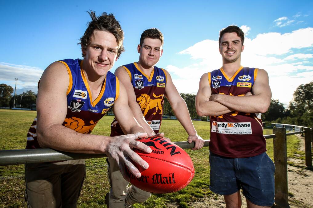 LETHAL LIONS: Wahgunyah's Dean Skinner, Kodee Lowe and Cody Milne before Sunday's do-or-die clash with Rutherglen. Picture: JAMES WILTSHIRE
