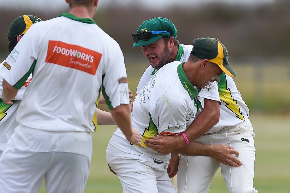 EMBRACE: Mount Beauty's Frank Iaria and Jake Styles celebrate a wicket.