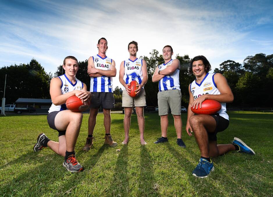 BACK TOGETHER: A number of Yackandandah's footballers who played juniors together and have come back home to play for the senior club this year. Pictured is co-coach Jay Dale, Arden Greiner, Nathanael Dudley, James Greenwood and Malachi Owers. Picture: MARK JESSER