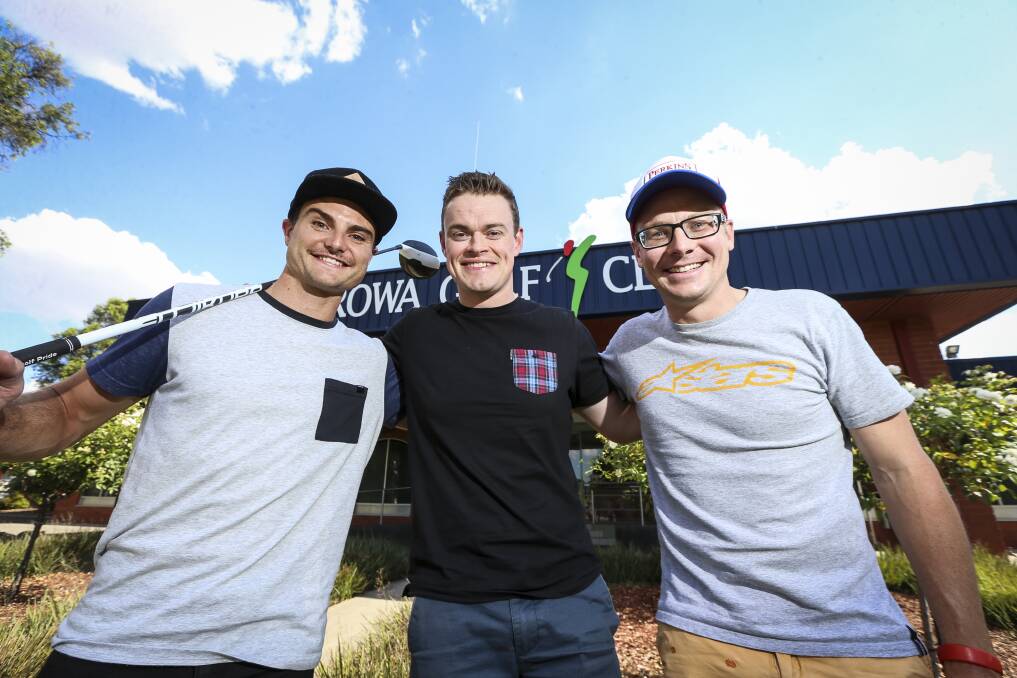 GOOD CAUSE: Supercars drivers Tim Slade, James Moffat and Jack Perkins are all smiles ahead of the annual Marcus Fraser Ambrose at Corowa Golf Club. Pictures: JAMES WILTSHIRE
