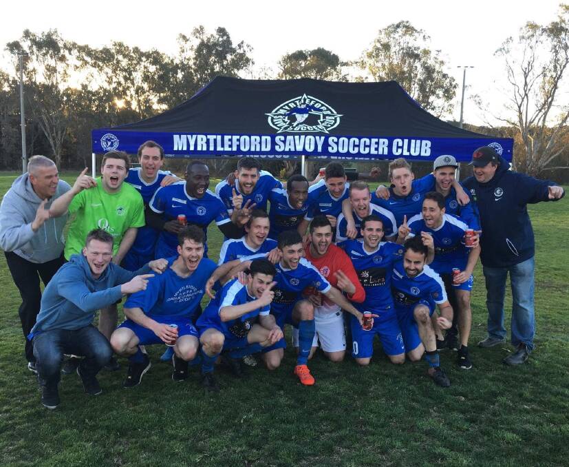 WINNERS ARE GRINNERS: The lid is off at Myrtleford after the Savoys claimed their first AWFA senior men's league title since 2006 following a 16-0 win against Wodonga Heart.