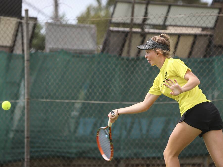 ON THE RUN: Hannah Morgan, of Mackay, chases down her opponent's shot earlier in the tournament at Albury's Margaret Court Cup. Picture: JAMES WILTSHIRE