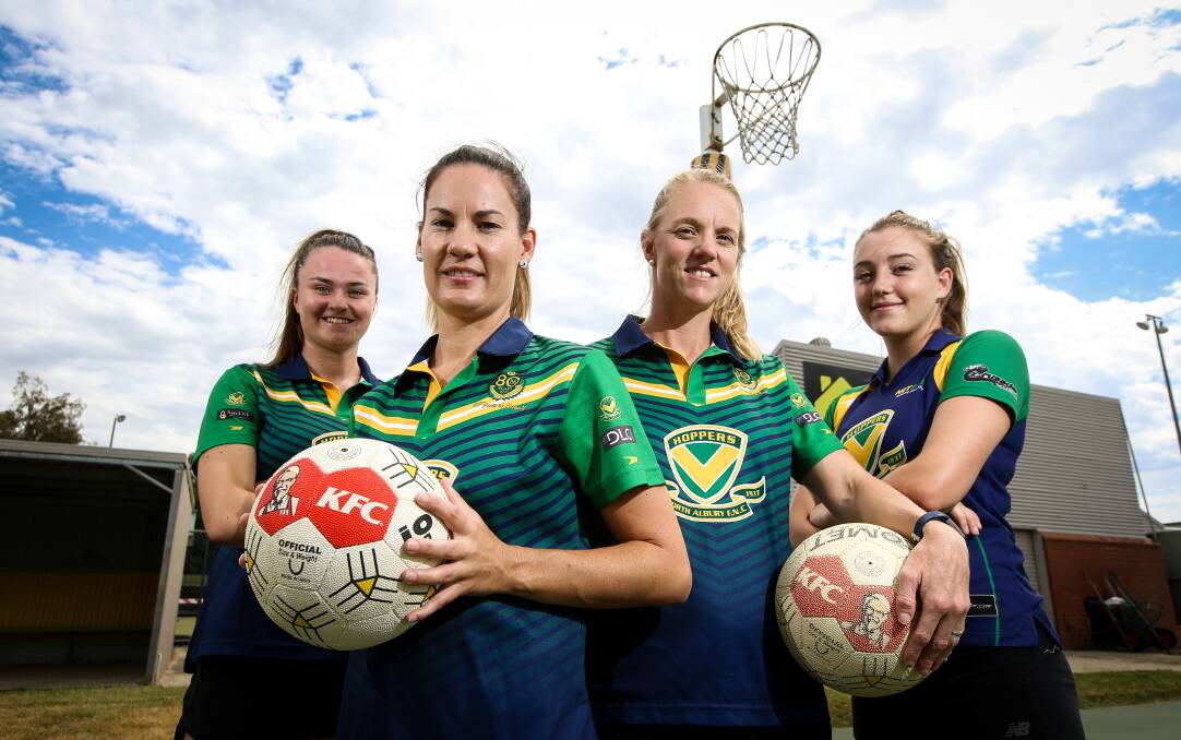 PREPARED: North Albury netballers Elyse Boyer, Kirby Hilton, Hollie Kenning and Grace Senior ahead of the trials for the Ovens and Murray season. Picture: JAMES WILTSHIRE