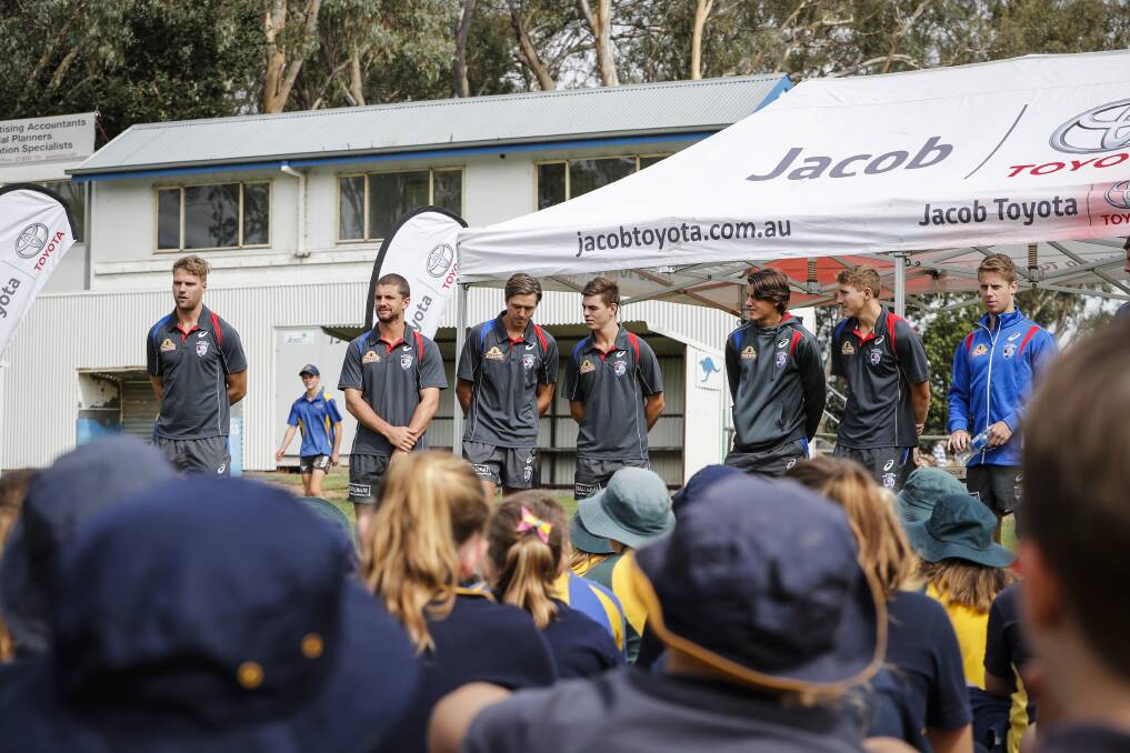 CENTRE STAGE: The Western Bulldogs' visiting stars answering questions from the local schools groups as part of the club's visit to Corowa. Picture: JAMES WILTSHIRE