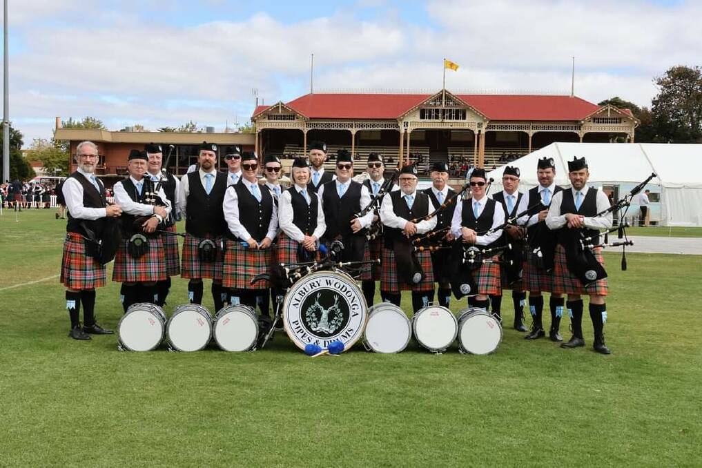 Seventeen members represented Albury Wodonga Pipes and Drums at its first National Pipe Band Championships in Maryborough on Saturday, April 13. Picture by Sally Brisolin