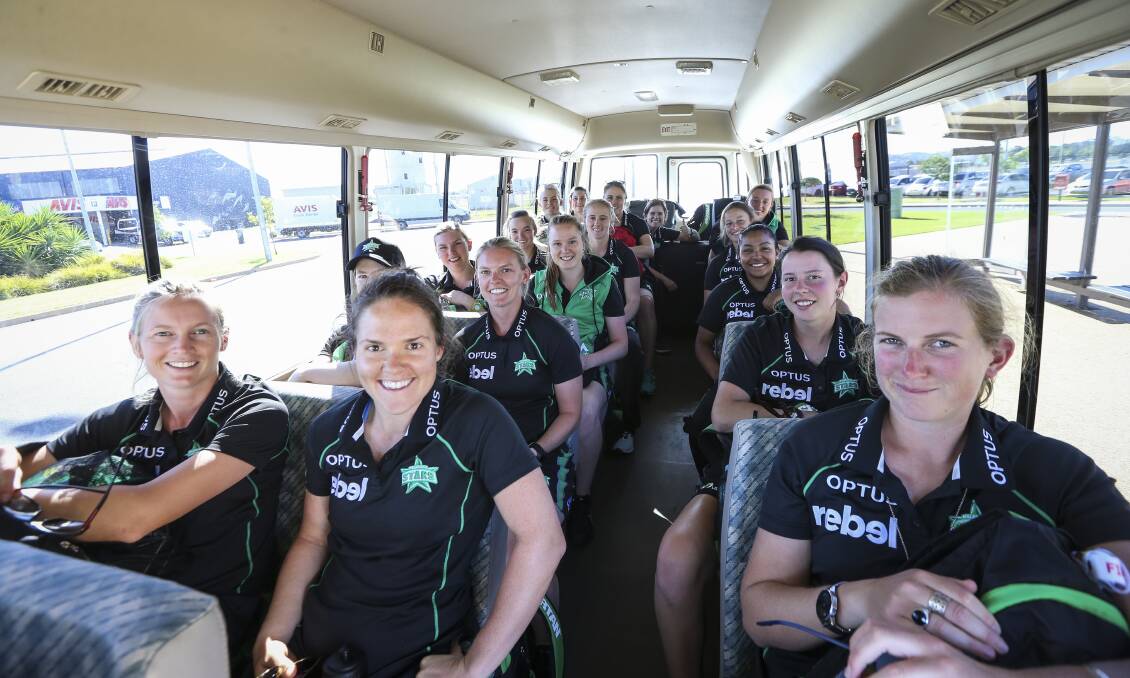 THEY'RE HERE: WBBL giants Melbourne Stars, led by captain Meg Lanning, arrived in 
Albury on Sunday afternoon ahead of Tuesday's Border Bash against Sydney Thunder. 
Picture: JAMES WILTSHIRE