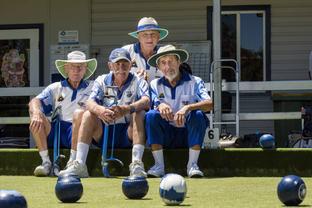 BIG DAY OUT: The Commercial Club Albury Team of Len Cuthbert, Bob Hillier, Theo Stanley (back) and David Shaw competed at the Sunny Downs Invitation men's fours tournament at Rutherglen Bowling Club. Picture: SIMON BAYLISS