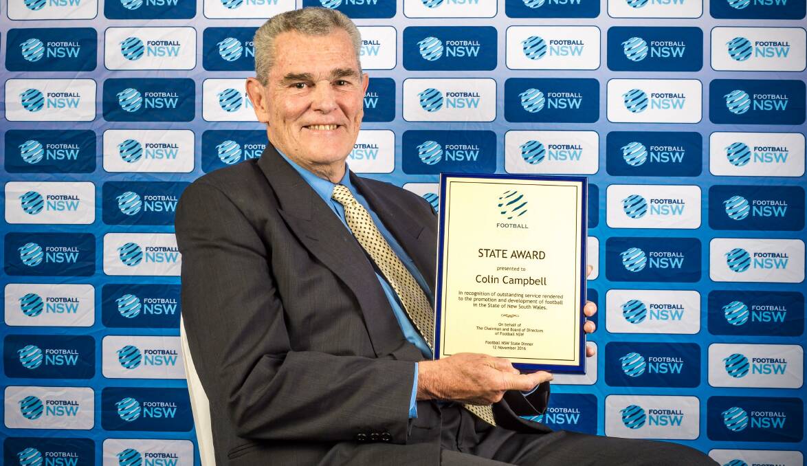 HIGH ACHIEVER: Respected Albury-Wodonga Football Association referee Colin Campbell was honoured for his 26 years of service to the local game with a Football NSW State Award at the annual state dinner in Sydney last Saturday. PICTURE: FOOTBALL NSW
