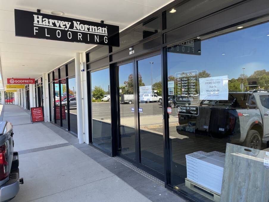 Harvey Norman Flooring in the East Albury homemaker centre has shut its doors with signage on the front window saying the store was closed due to relocation. Picture by Beau Greenway
