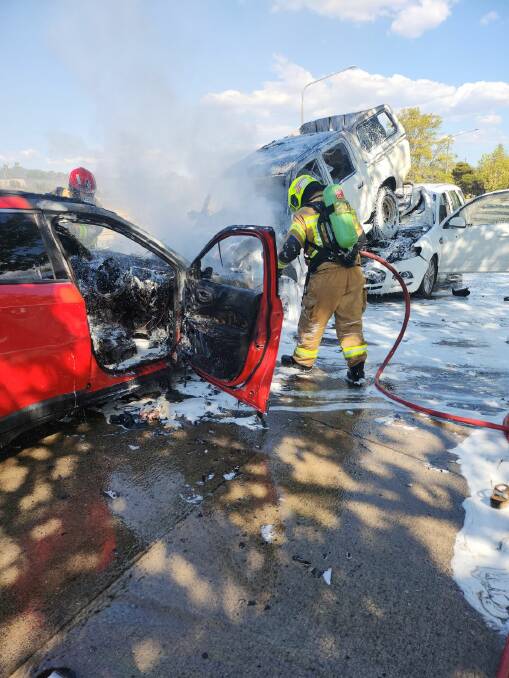 Fire crews responding to a four-car crash on Young Street in Albury on Saturday, March 23. Picture supplied