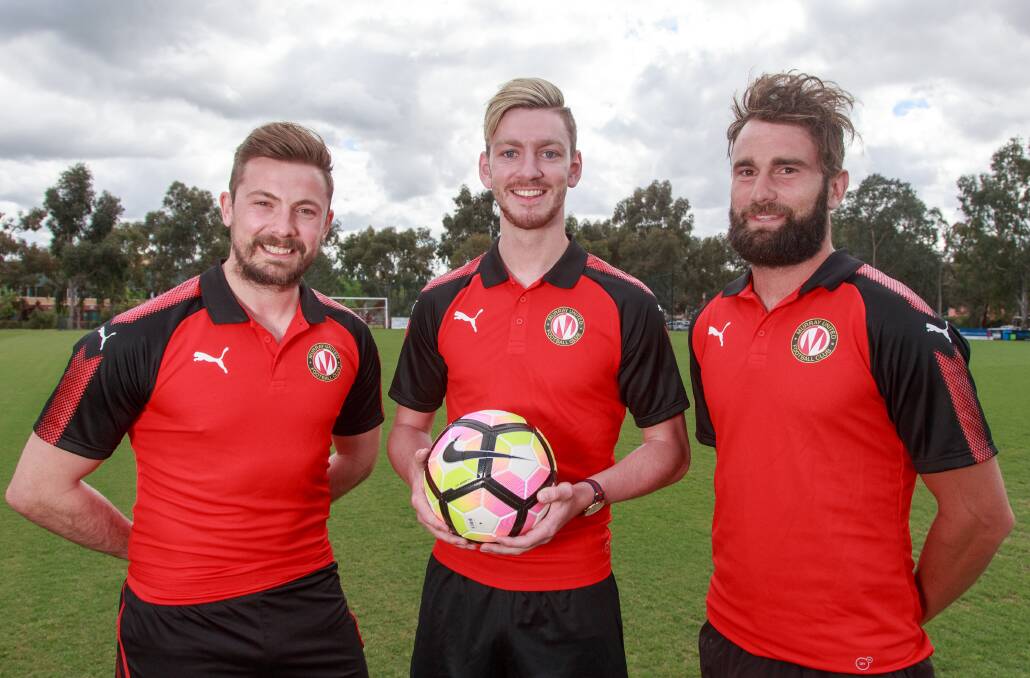 STAYING PUT: Murray United captain Ashley Dunn, defender Alex West and attacking option Zac Walker have signed on. Picture: SIMON BAYLISS