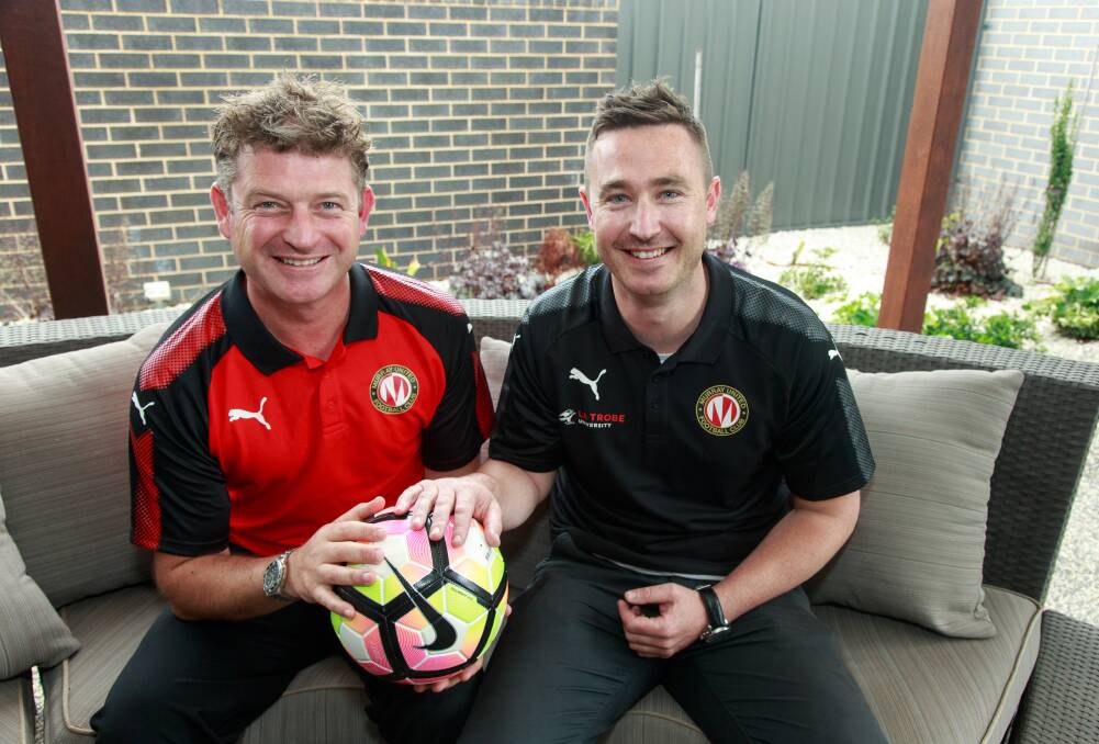 LEADING THE WAY: Adam Carty, pictured with Murray United senior coach Elliot Jones, has been appointed technical director of the NPL outfit this season. 