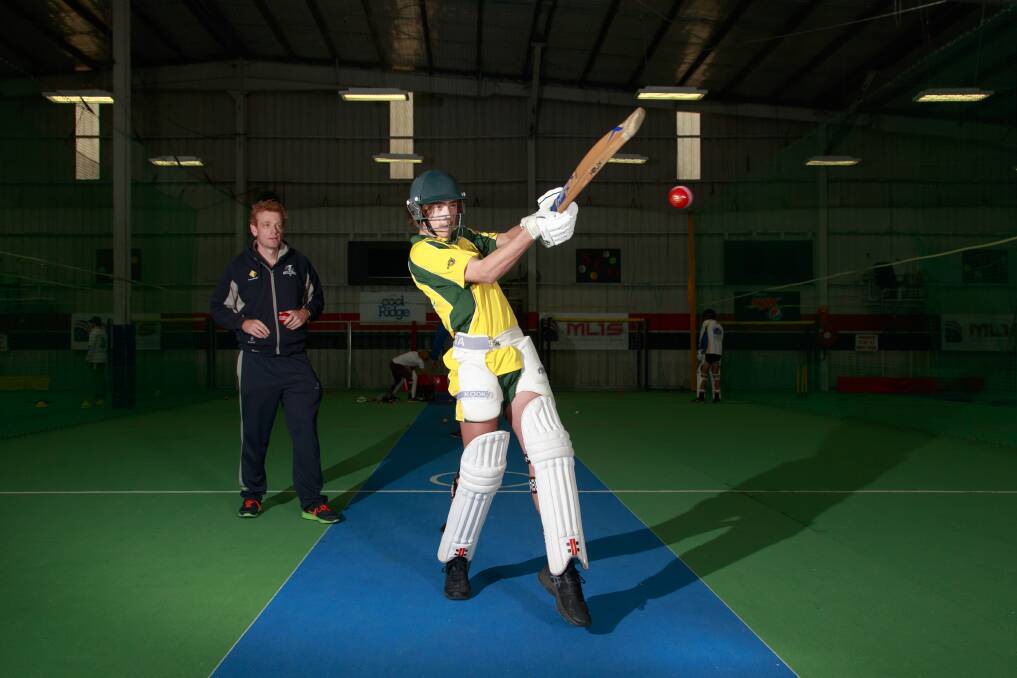 CLOSE WATCH: Victorian cricket coach Andrew McDonald puts Yarrawonga's Will Sharp through his paces during the Diamonds in the Bush program in Albury. Picture: SIMON BAYLISS