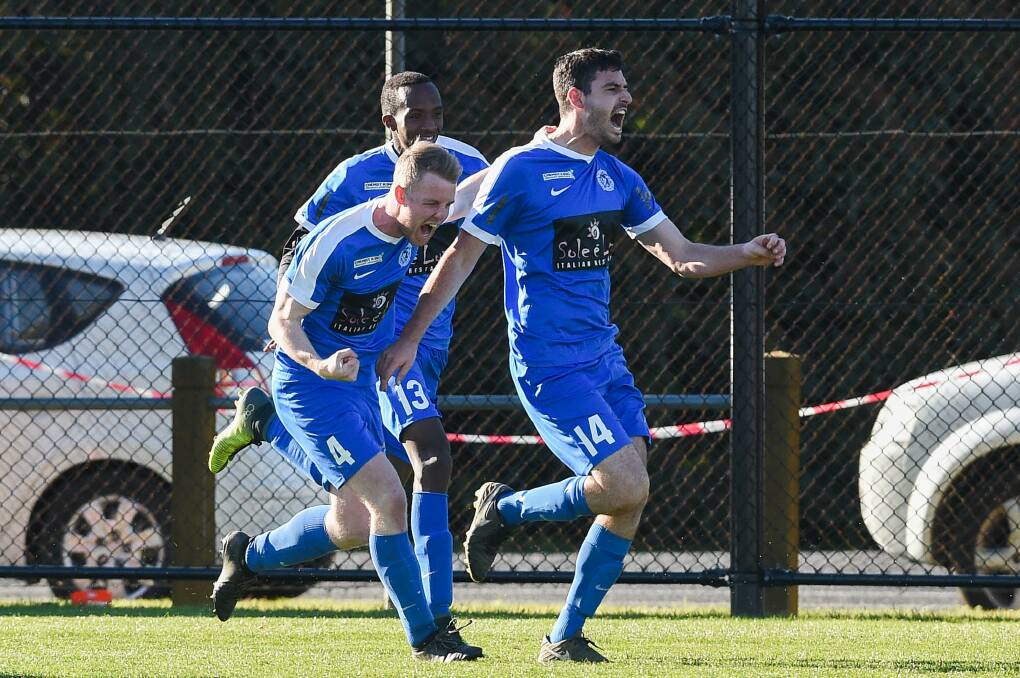 GOLDEN OPPORTUNITY: Myrtleford co-coach Matt Park, pictured celebrating a big goal during last year's AWFA cup finals series, was instrumental in setting up a clash between the Savoys and South Melbourne today.