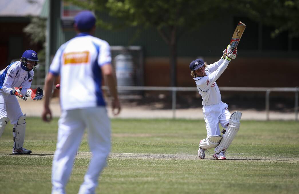 CRACKING SHOT: Eskdale's Rhys Thompson clears the infield against Yackandandah last weekend. He top scored with 40 in his side's total of 119. Picture: JAMES WILTSHIRE