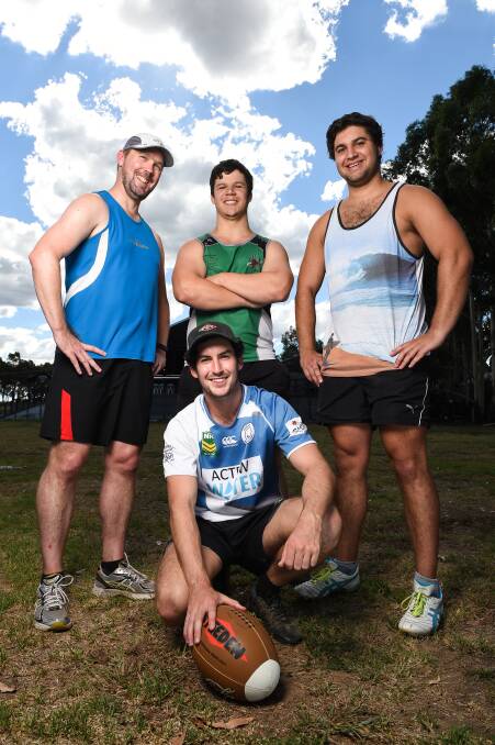 LOCAL GROWTH: CSU Muddogs president Jarrod Maxwell (front) with players Steve Swann, Sam Demarzo and Michael Demarzo, ahead of the season. Picture: MARK JESSER