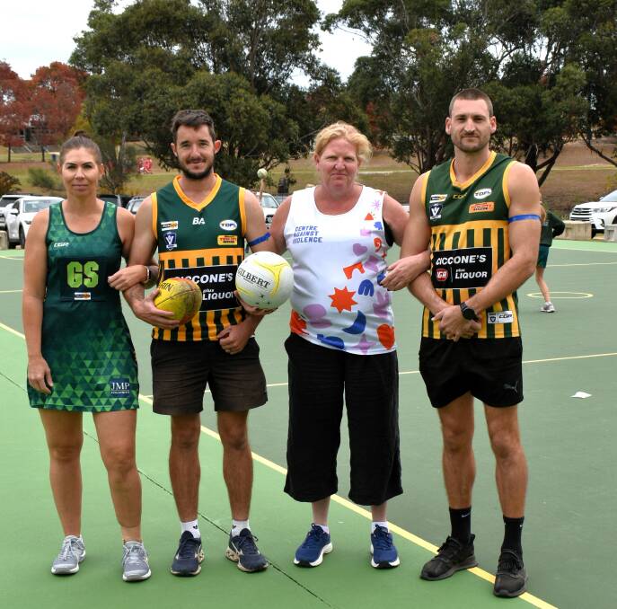 Tallangatta netball president Annie Shirley, Jake Wood, Centre Against Violence representative Jodie Barran and Kaine Parsons during the club's family violence awareness day on Saturday, May 4. Picture by Jason Brock