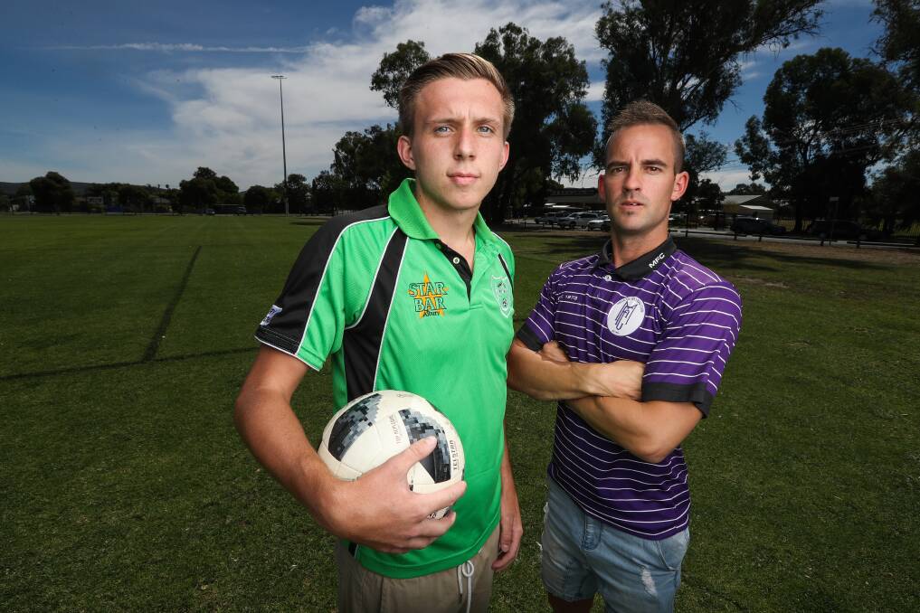 RIVALRY RESUMES: Albury United's Brad Goddard and Melrose coach Kade Rixon face off ahead of the third annual AWFA mental health round clash between the two clubs this weekend. Picture: MARK JESSER