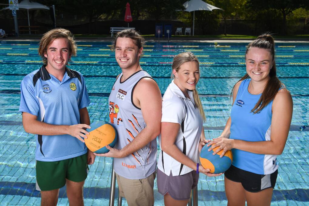 GAME FACE: Sharks' James O'Brien, Tigers' Jake Luhrs, Tigers' Lucy McInnes and Sharks' Elyse Boyer ahead of Sunday's water polo grand finals. Picture: MARK JESSER