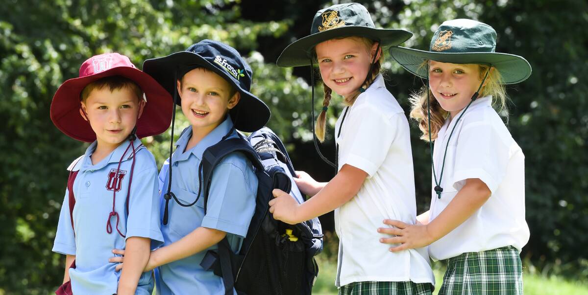 FRESH FACES: Ethan Montoneri, Archer Irwin, Molly Habermann and Elizabeth O'Connell get excited for their first year of school on the border. Picture: MARK JESSER 