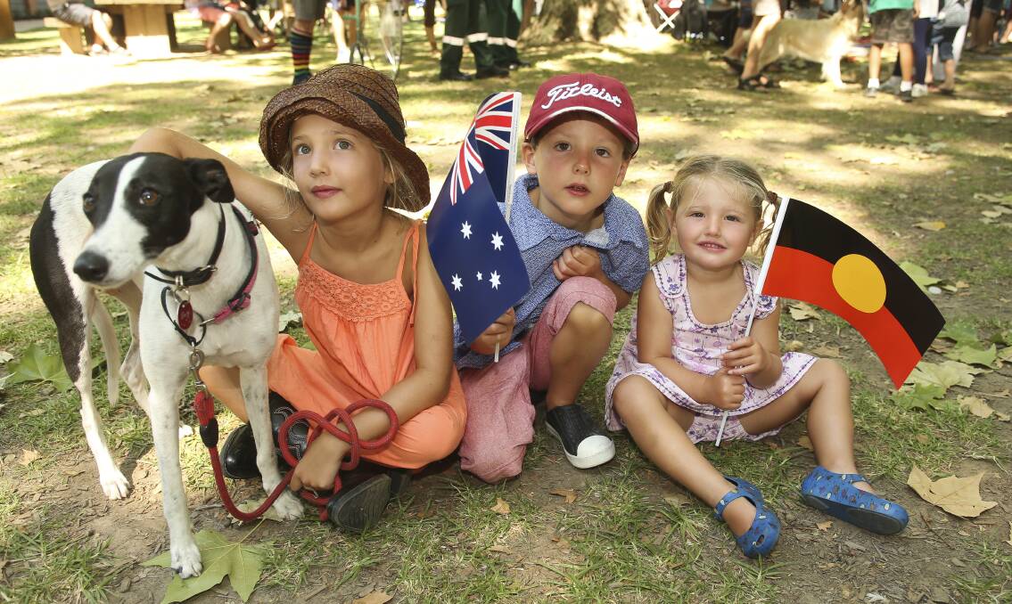 PRIDE OF THE NATION: The Sutton children - Abigail, Campbell and Bethany - with dog Daisy at Albury's Australia Day celebrations last year. This year's activities will include a jumping castle and face-painting.