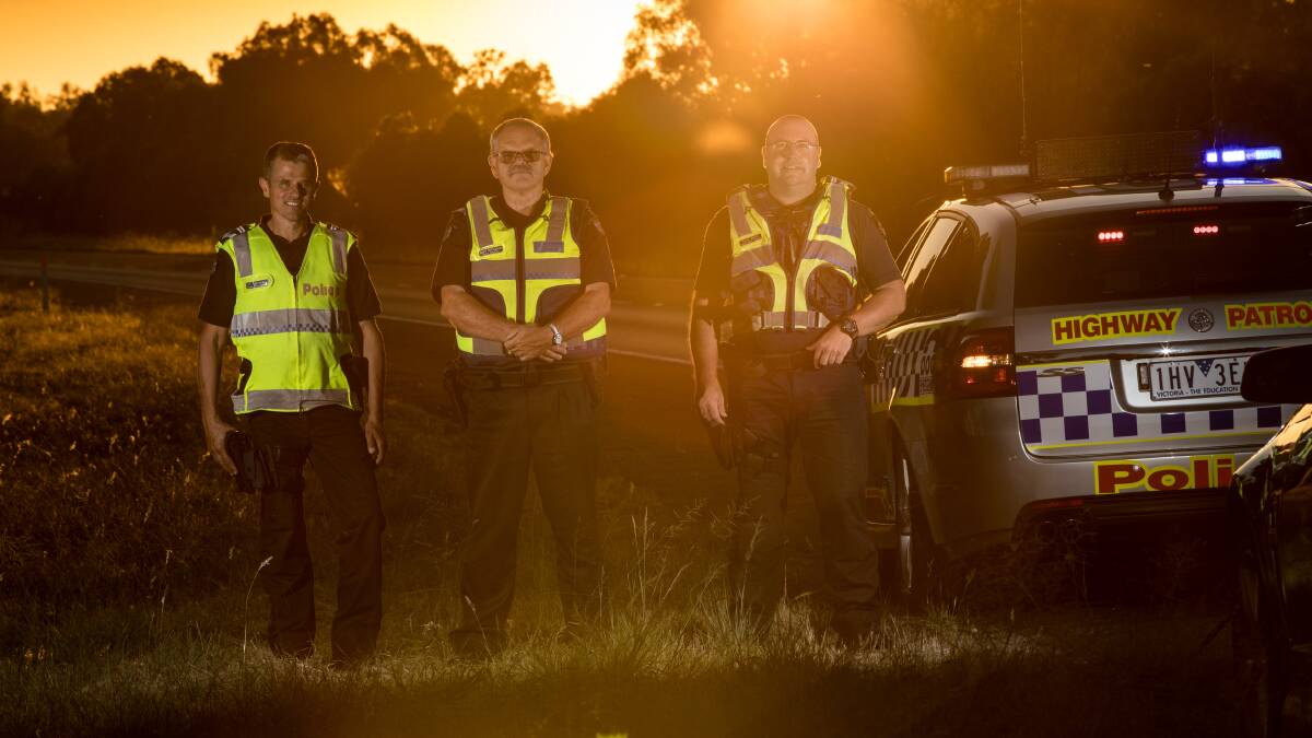 NOT ON OUR PATCH: Benalla Highway Patrol officers Leading Senior Constable Larry Piscioneri, Senior Sergeant Ralph Willingham, and Leading Senior Constable Terry Smith. Picture: JASON SOUTH