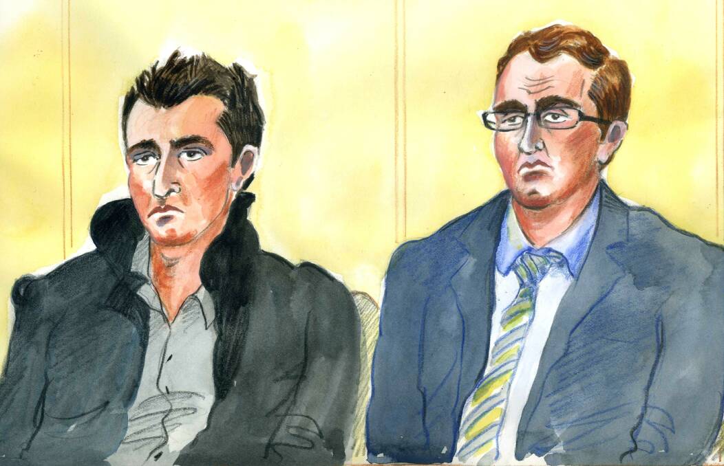 SUITED-UP: An artist's impression of Joshua and Aaron Dalton at their court hearing. Some members of the public and witnesses described Aaron Dalton as "a spectacled geek".

