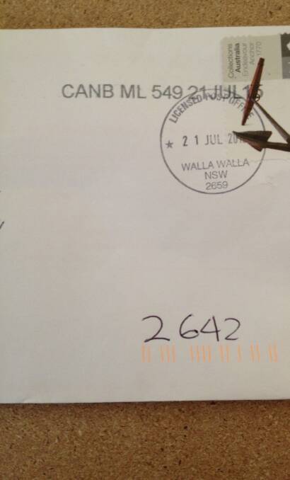 SNAIL MAIL: This letter went from Walla Walla to Jindera - via Canberra.