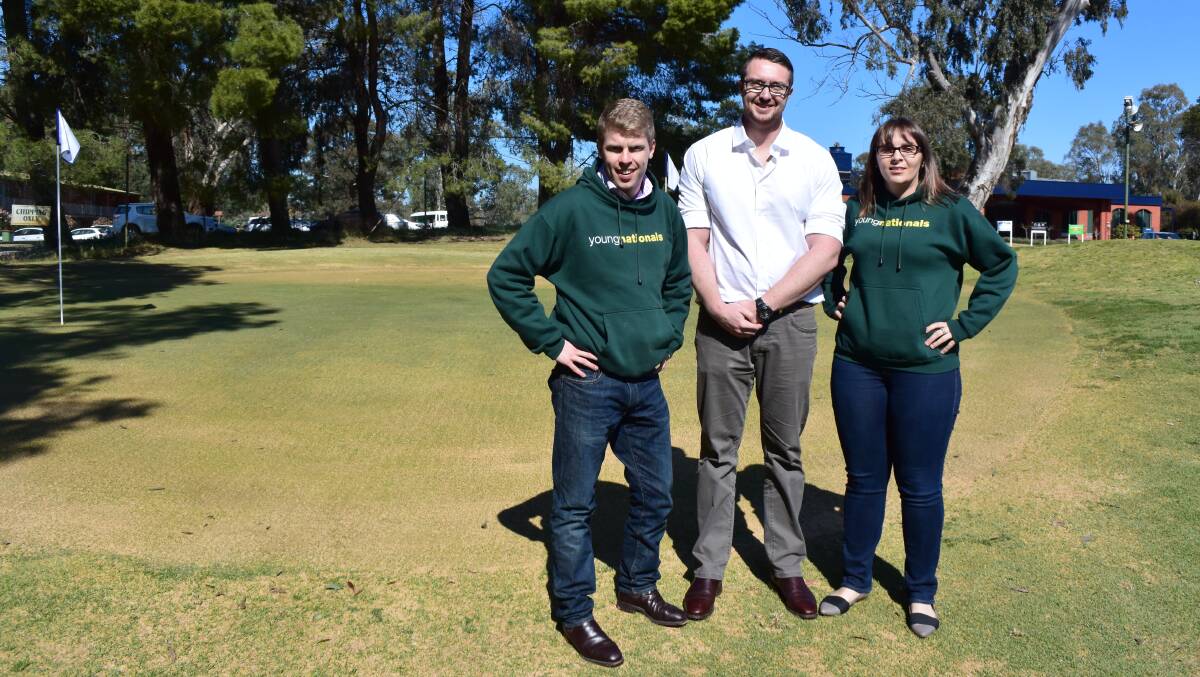 NATS CHAT: State chairman Dom Hopkinson (Wagga), delegate Richard Maher (Henty) and federal president Ruby Cameron (Canberra) at the Young Nationals conference.