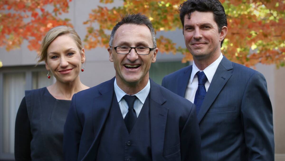 AND THEN THERE WAS ONE: Green leader Richard Di Natale with his co-deputies  Larissa Waters and Scott Ludlam, who have both had to step down.