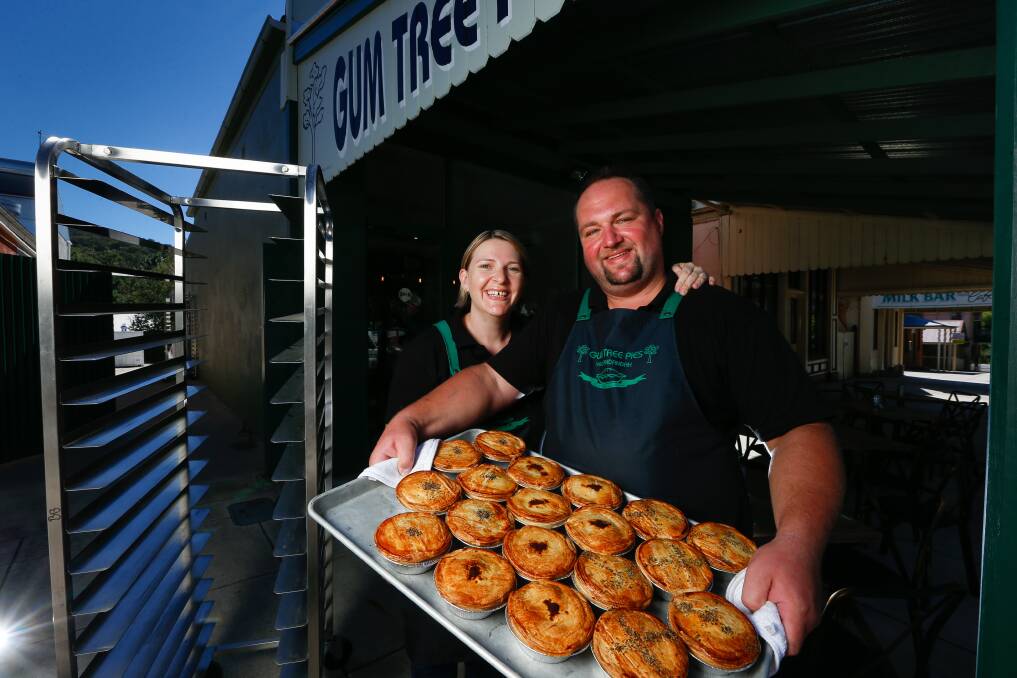 Gum Tree Pies owners Melinda and Sebastian Nedziak, pictured here after the opening of their Yackandandah store in 2016, plan to open a Bright store on Saturday. It was damaged by a violent drunk on Monday. Picture: MARK JESSER