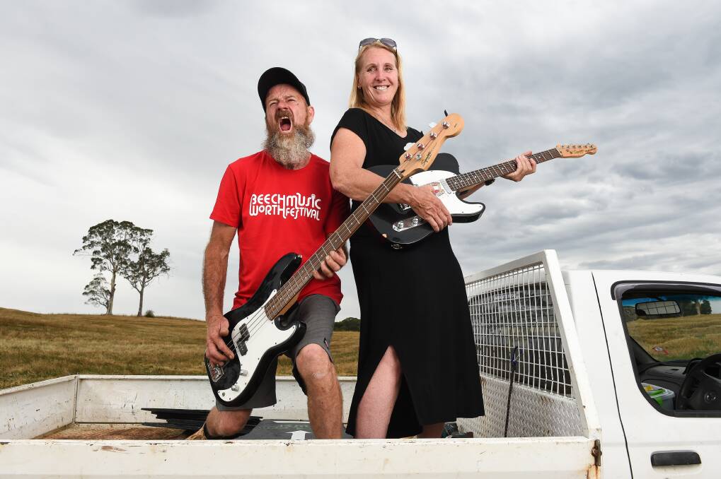 EXCITED: Beechworth Music Festival founders Lex Fletcher and Rikki Raadsveld are busy setting up for the weekend at Mayday Hills. Picture: MARK JESSER