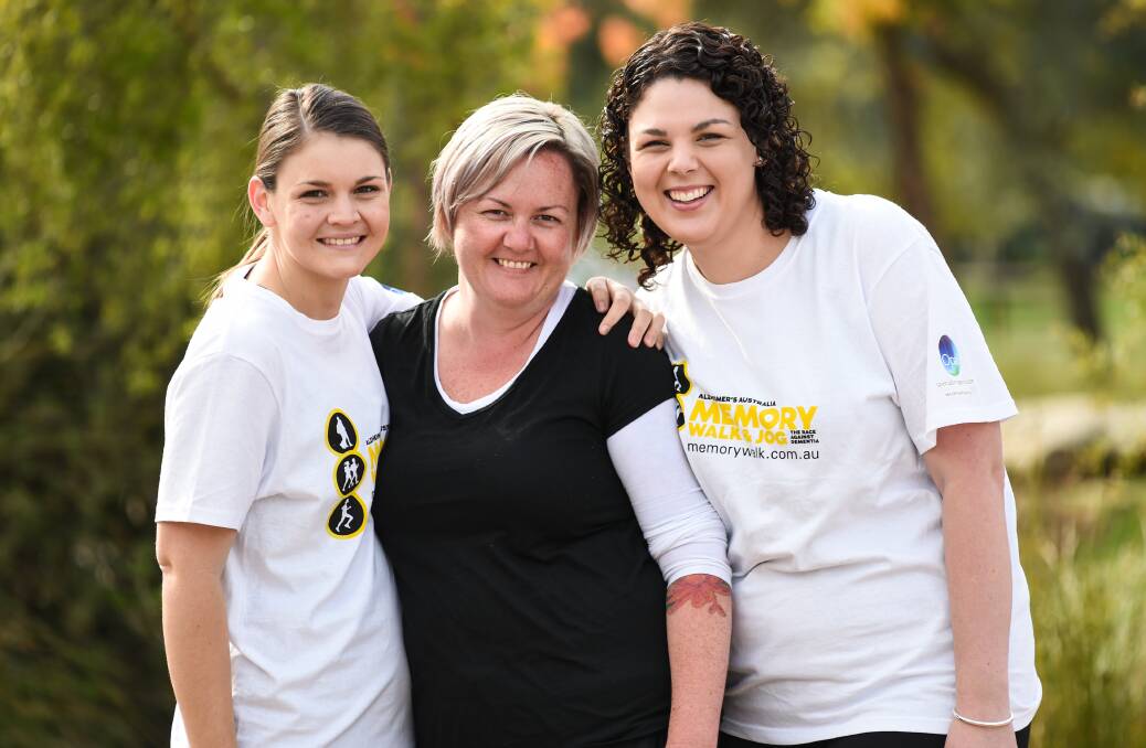 WORTHY CAUSE: Amy Hadfield, Danielle McKane and Lauren Don travelled from Shepparton to take part in Albury-Wodonga's first Memory Walk and Jog. Pictures: MARK JESSER
