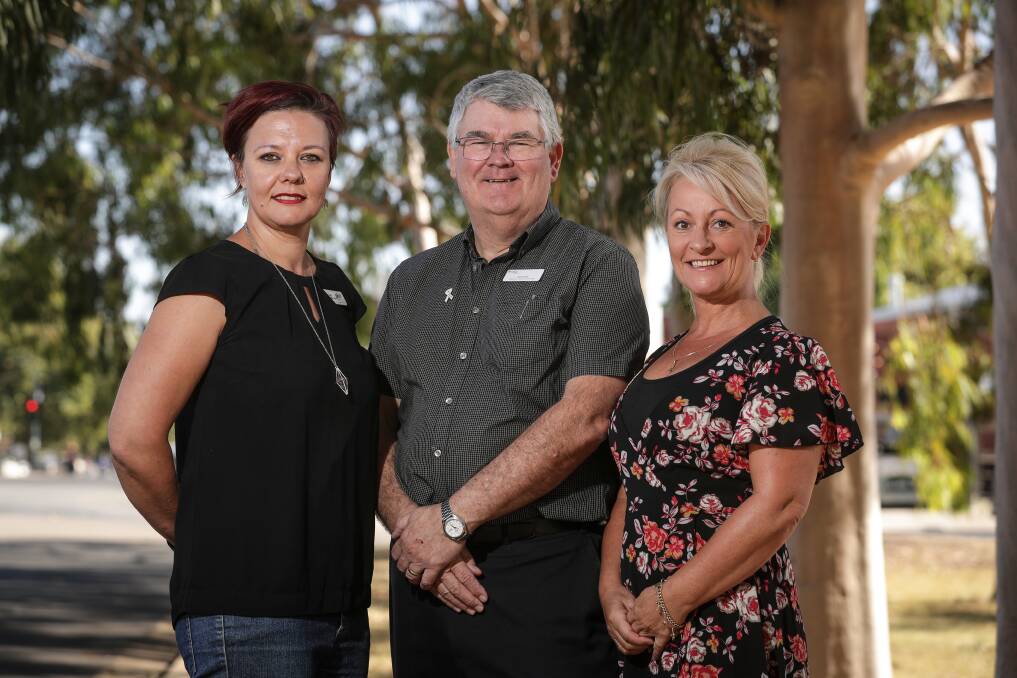 UNITED: Murray PHN's Bek Nash-Webster, Neil Stott of Benalla Health and community member Melinda Pentreath are working to prevent suicide. Picture: JAMES WILTSHIRE