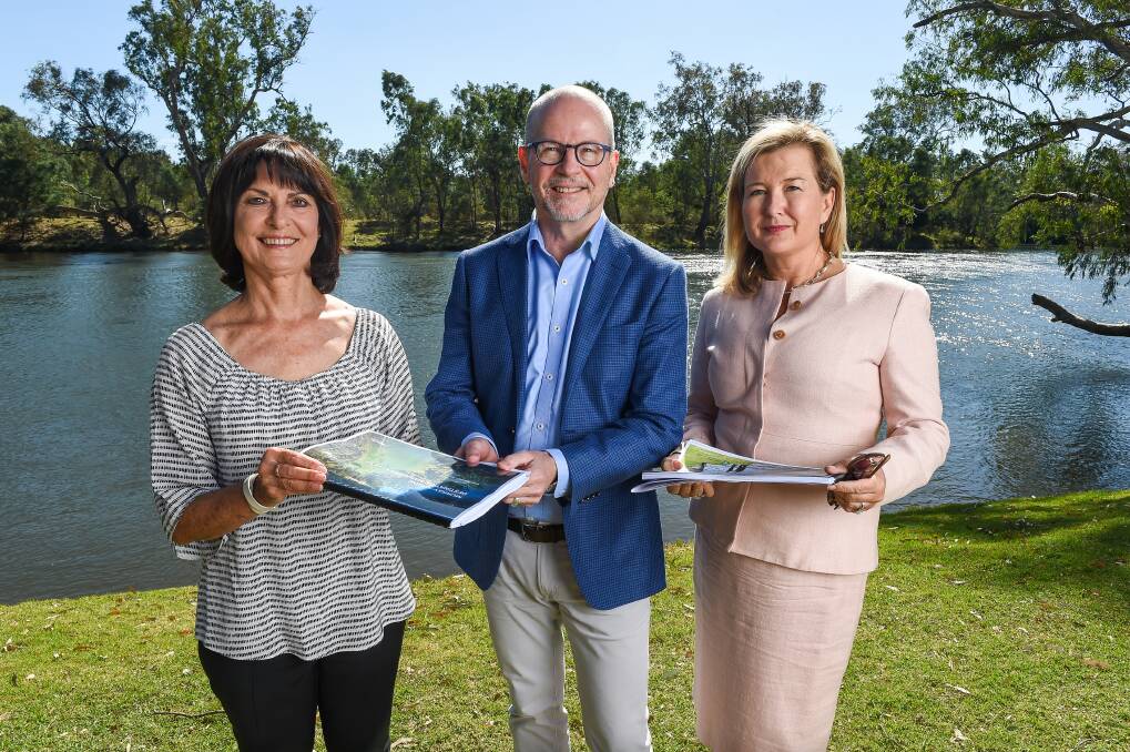TOGETHER: Murray Regional Tourism chair Wendy Greiner, Destination NSW general manager Stephen Mahoney and Destination Riverina Murray chair Genevieve Fleming launch the town DMPs. Picture: MARK JESSER