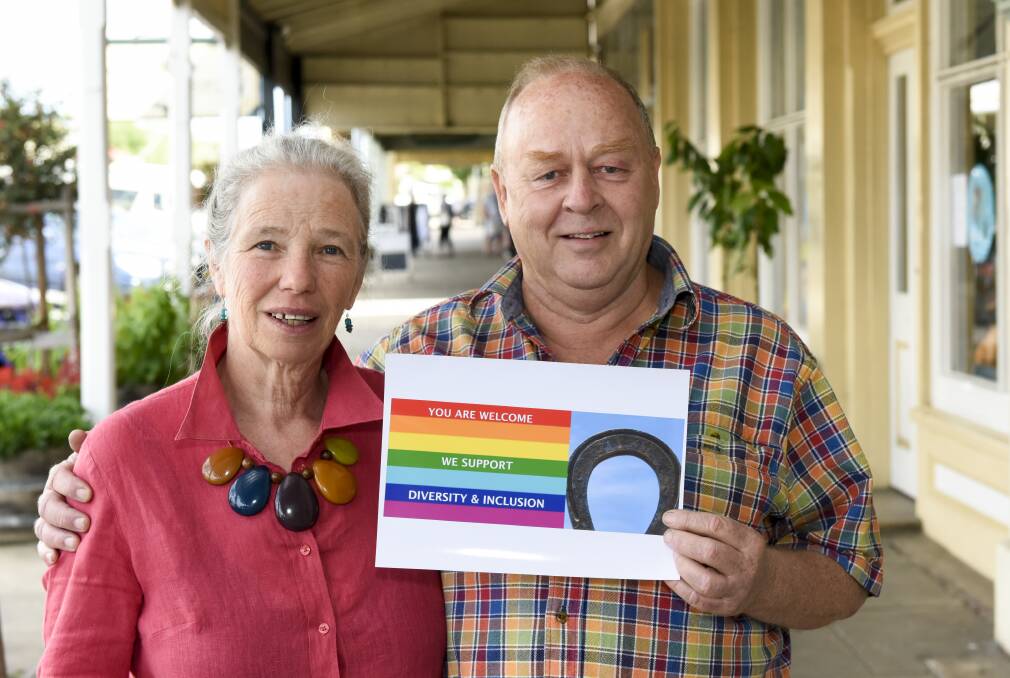 SUPPORTIVE: Beechworth residents Tina Fraser and Gavin Doherty have proposed businesses display stickers promoting diversity in town. Picture: SIMON BAYLISS