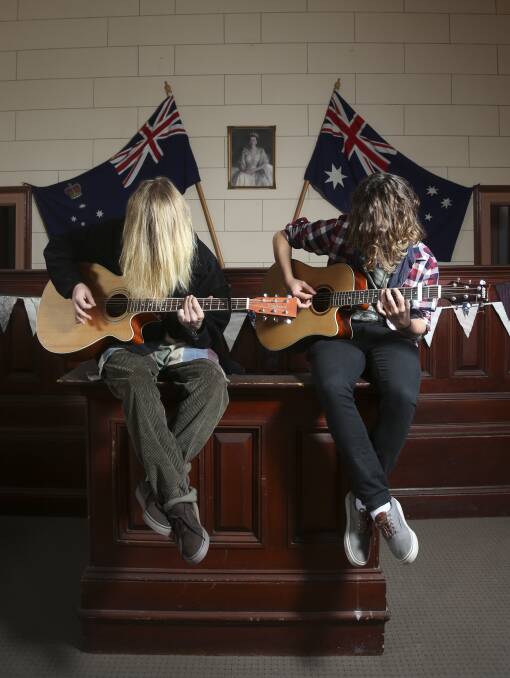 ROCKING OUT: Dilon Walton,17, of Corowa and Jeremy Wall,17, of Rutherglen playing at the Jam Session Weekend at the Chiltern courthouse. Picture: ELENOR TEDENBORG