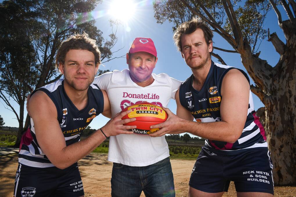 ALL IN: Rutherglen president Greg Lumby and players Cody Parker and Jakeb Meyer are encouraging others to talk about organ donation. Pictures: MARK JESSER
