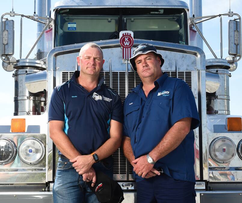 STANDING UP: Mr Mackinlay and Glen Kearney joined a convoy of owner drivers in March to protest against the RSRT before it came into affect. Picture: MARK JESSER