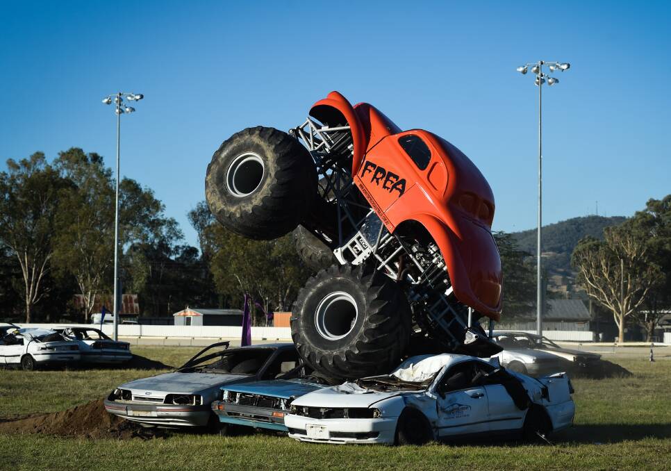 SHOW OF POWER: Monster Truck Freak, one of the Australian cars featuring in the show, flattens everything in its path. 