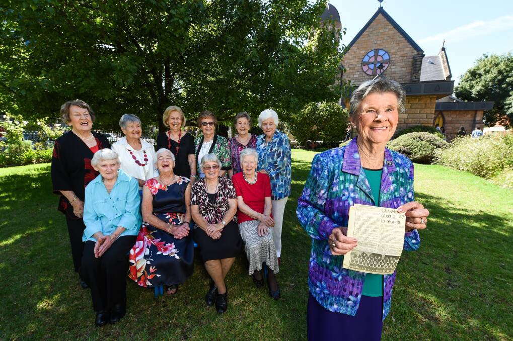  CLASS OF 1947: Judy Brindley (front) with Margaret Lodge, Val Finnigan, Anto Murphy and Pam Graeber, and (behind) Carmel Packer, Anne Duck, Dawn Hill-Regan, Patricia Dalitz, Joan Ratcliffe and Ann Conway. Picture: MARK JESSER