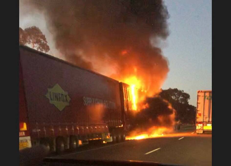 A truck caught on fire on the Hume near Wangaratta on Wednesday night. Picture: FACEBOOK