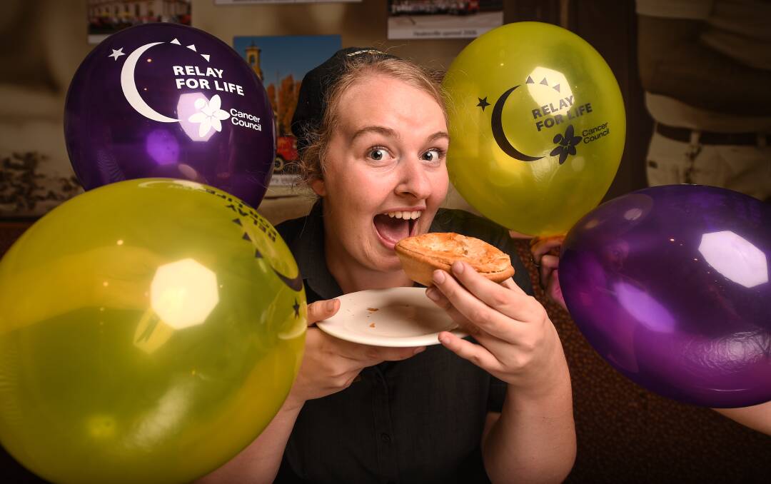 PIE HIGH: Beechworth Bakery Albury manager Laura Harris is holding a pie eating competition on Saturday as a Border Relay for Life fundraiser. The winner will receive a $100 voucher to be used at the bakery. Picture: MARK JESSER