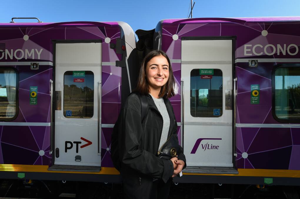 ALRIGHT RIDE: Tori Nikolakakis, 18, was on board the first trip taken by a refurbished V/Line train, which brings the North East line fleet to four. Picture: MARK JESSER