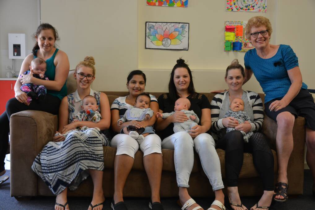 Elizabeth Burge with 2017 mothers with their babies in the New Parent’s Post Natal Educational Programme at TCC. Pictured are left to right Mel with Milla, Kaitlyn with Taine, Kamali with Sarthak, Kristy with Lachlan and Brooke with Ashton. Picture: Tamara Binder