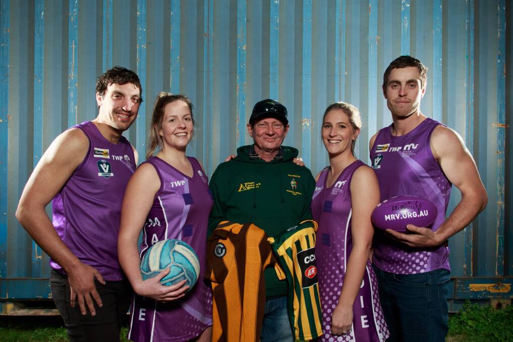 INSPIRED:  Paul O'Reilly (middle) will be at the centre of a fundraising round for Maddie Riewoldt's Vision at Tallangatta, with Sam Livingstone, Alex Riddington, Jess O'Reilly and Kyle Lieschke taking part. Picture: SIMON BAYLISS